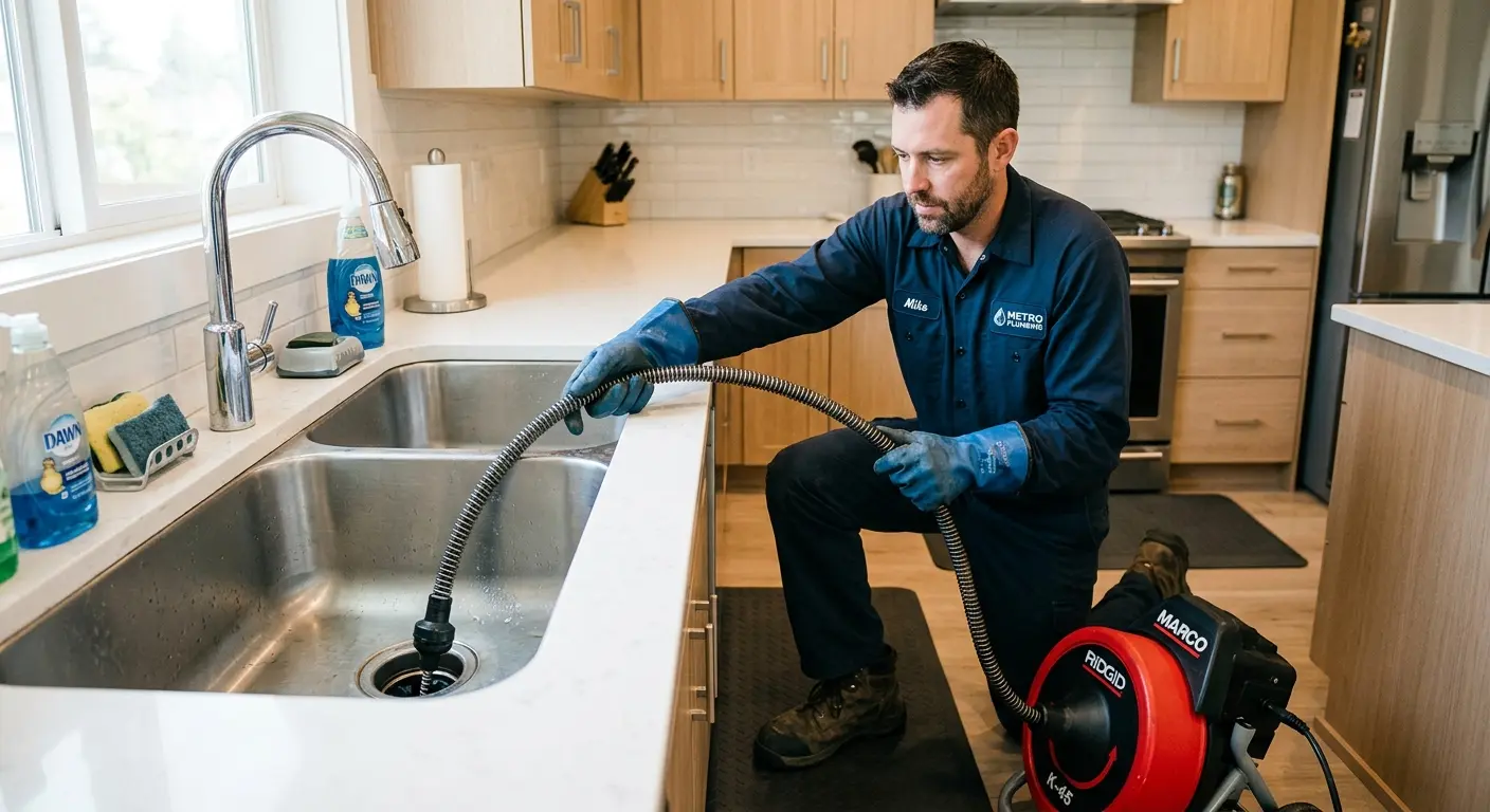 Drain cleaning technician using a motorized snake on a kitchen sink in Wakefield