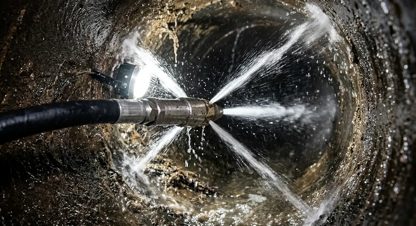 High-pressure hydro jetting nozzle cleaning sewer pipe for Trenchless Sewer Repair in Wakefield