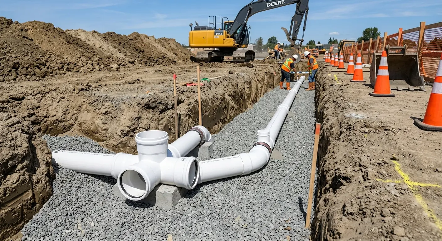 New PVC sewer pipe installation in open trench for Sewer Backup in Wakefield